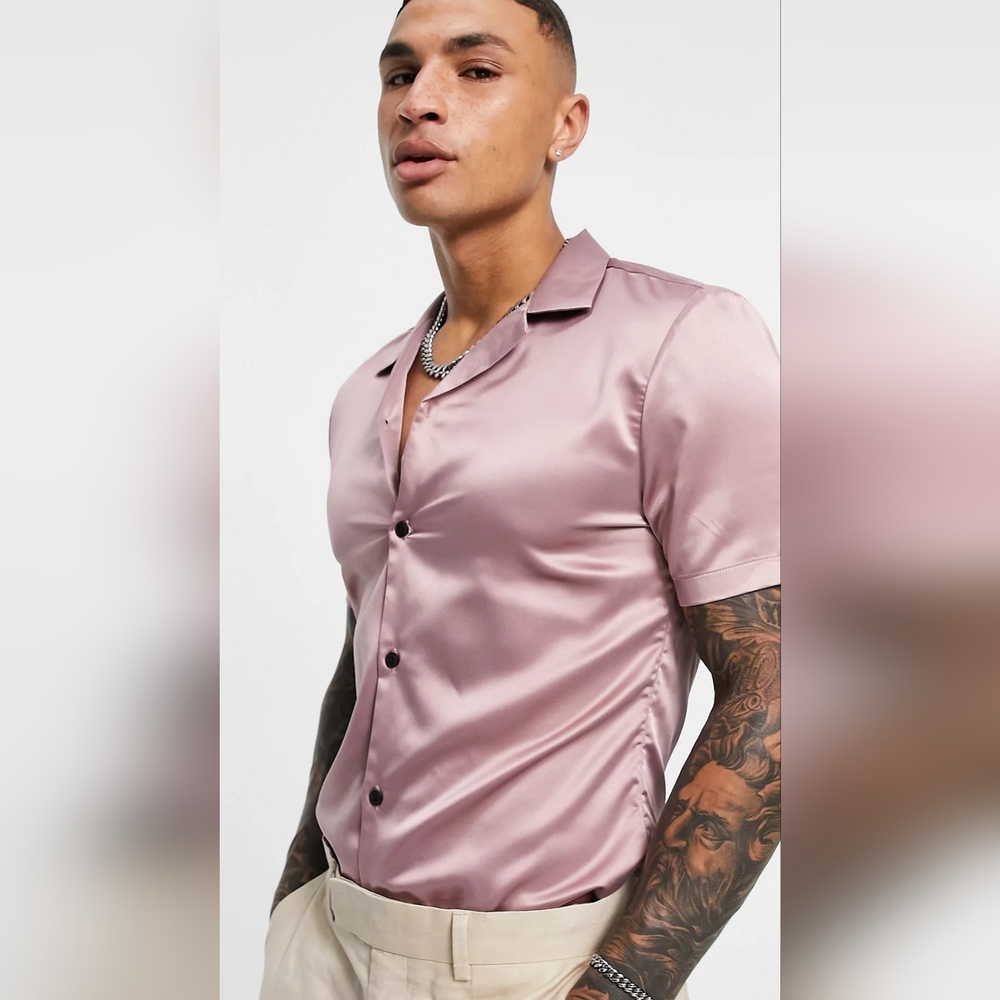 ASOS DESIGN Super skinny satin shirt with camp collar in dusky pink